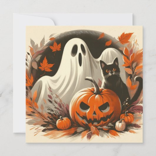 Halloween Ghost, Jack-'o-lantaarn en Black Cat Kaart (Voorkant)