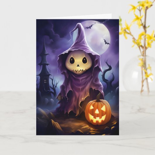 Halloween Ghost Jack-o'-lantern Illustratie Kaart (Gele Bloem)