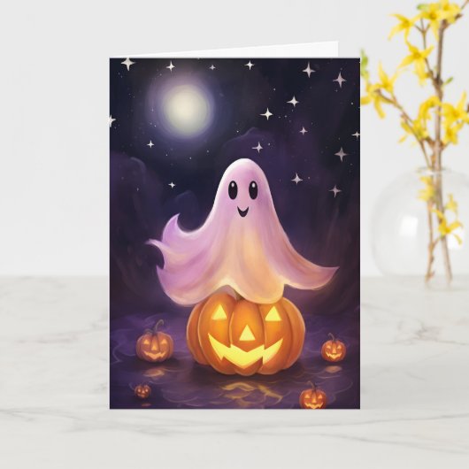 Halloween Ghost Jack-o'-lantern Illustratie Kaart (Gele Bloem)