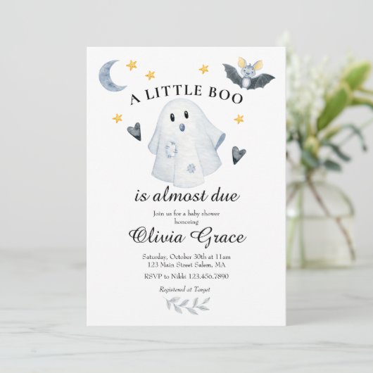 Halloween Ghost Little Boo Baby shower Invitation Kaart (Staand voorkant)