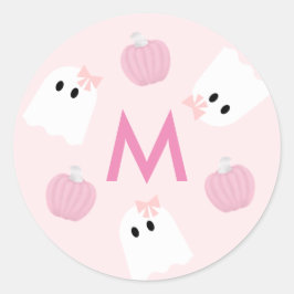 Halloween Ghost Meisje & Pompoen Roze Monogram Ronde Sticker