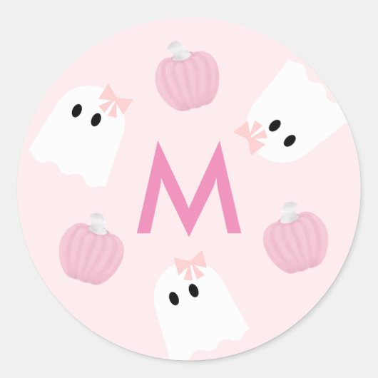 Halloween Ghost Meisje & Pompoen Roze Monogram Ronde Sticker (Voorkant)
