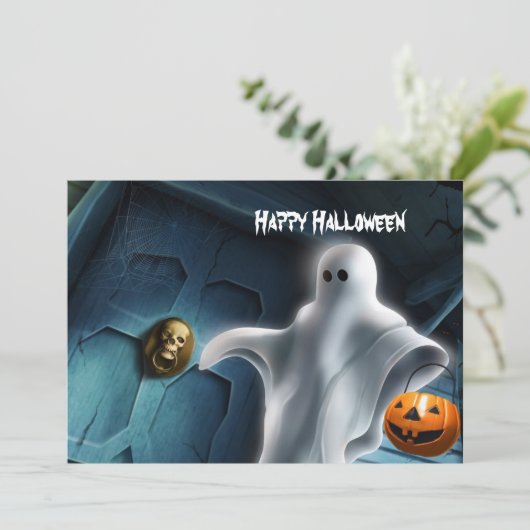 Halloween Ghost met pompoen Kaart (Staand voorkant)