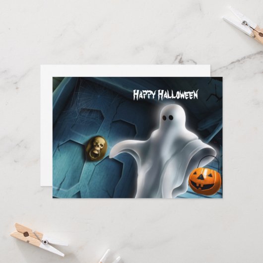 Halloween Ghost met pompoen Kaart (Voorkant / Achterkant in situ)