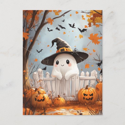 Halloween Ghost met pompoenen Feestdagenkaart (Voorkant)