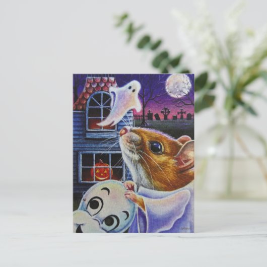 Halloween Ghost Mouse  Mask Waterverf Art Briefkaart (Staand voorkant)