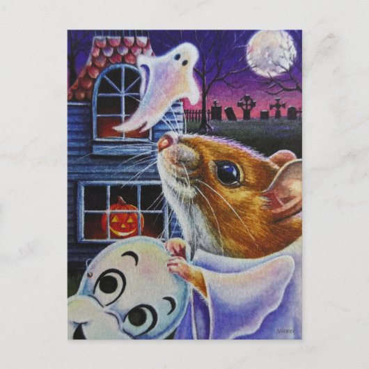 Halloween Ghost Mouse Mask Waterverf Art Briefkaart (Voorkant)