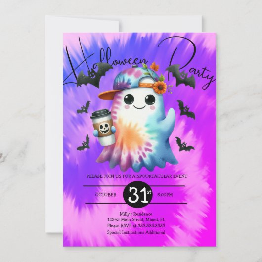 Halloween Ghost Neon Party Tie Dye Hand getrokken Kaart (Voorkant)