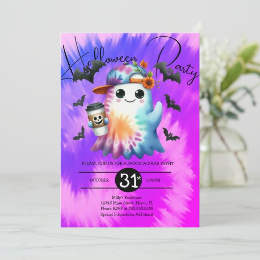 Halloween Ghost Neon Party Tie Dye Hand getrokken Kaart (Staand voorkant)