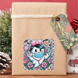 Halloween Ghost Nurse met masker en spuiten Vierkante Sticker