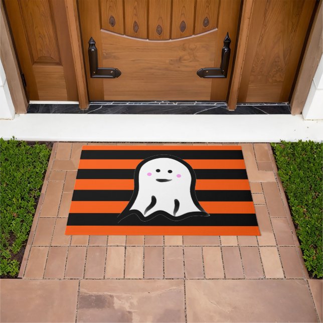Halloween Ghost on Black and Orange Stripes  Deurmat (Buiten)