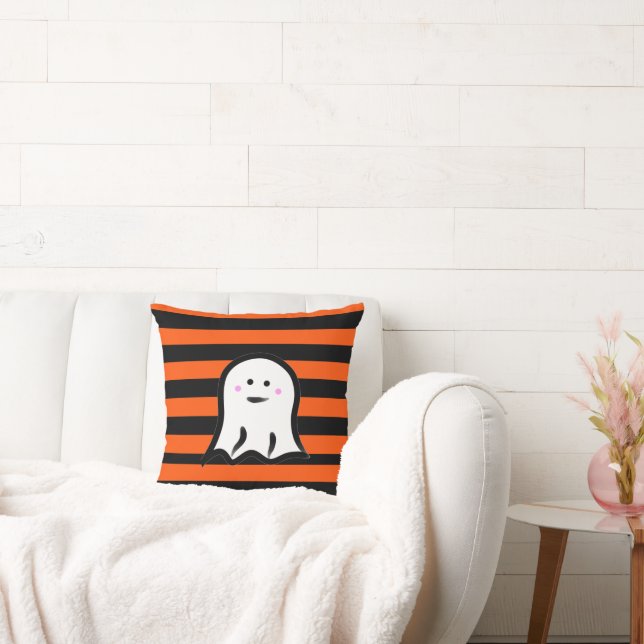 Halloween Ghost on Black and Orange Stripes  Kussen (Bank)