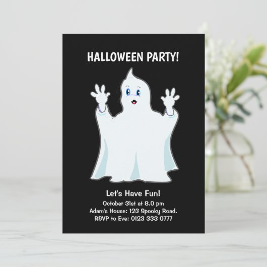 Halloween Ghost op Zwarte Uitnodiging (Staand voorkant)