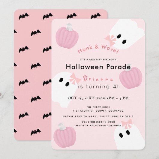 Halloween Ghost Pink Pumpkin Drive-by Verjaardag Kaart (Voorkant / Achterkant)