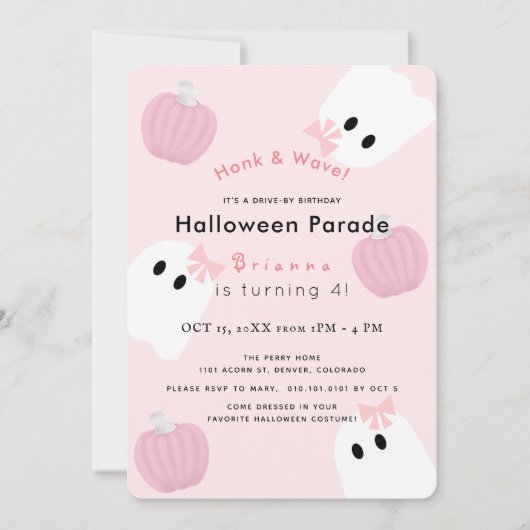 Halloween Ghost Pink Pumpkin Drive-by Verjaardag Kaart (Voorkant)