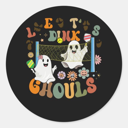 Halloween Ghost Playing Pickleball Kostuum Laten w Ronde Sticker (Voorkant)