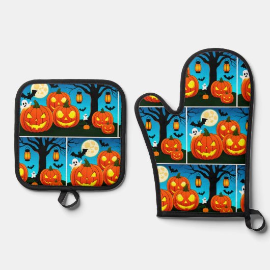 Halloween Ghost, Pompoenen, Vleermuizen Ovenwant & Pannenlap Set (Voorkant)