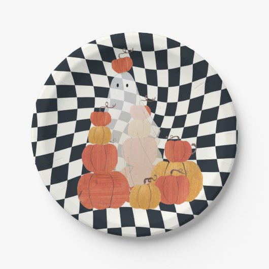 Halloween Ghost Pumpkin Checkered Papieren Bordje (Voorkant)