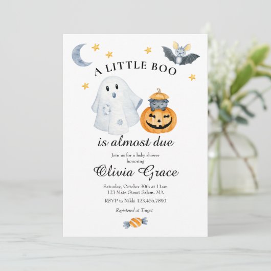 Halloween Ghost Pumpkin Little Boo Baby shower Inv Kaart (Staand voorkant)