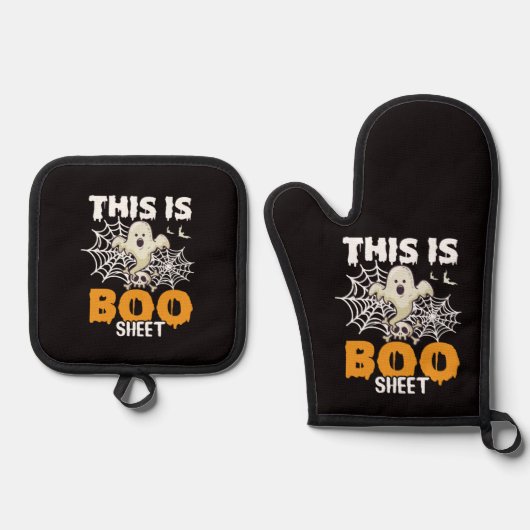 Halloween Ghost Pun Oven Mitt en Pot Holder Ovenwant & Pannenlap Set (Voorkant)