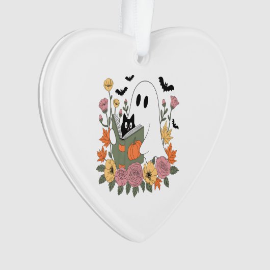Halloween Ghost Reading Book Cat Ornament (voorkant)