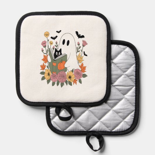 Halloween Ghost Reading Book Cat Pannenlap (Voorkant / Achterkant)