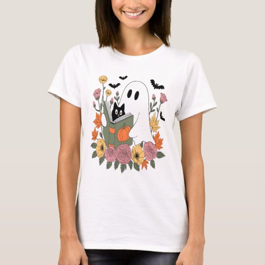 Halloween Ghost Reading Book Cat T-shirt (Voorkant)