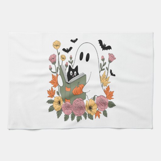 Halloween Ghost Reading Book Cat Theedoek (Horizontaal)