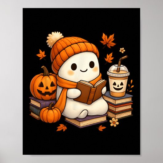 Halloween Ghost Reading Book Lovers Koffiemeisje W Poster (Voorkant)