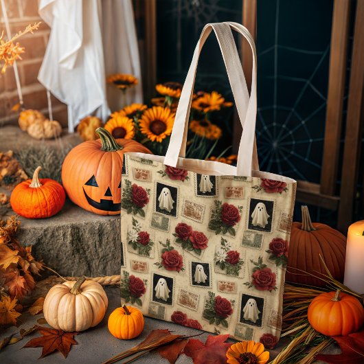  Halloween Ghost & Red Rose postzegel Tote Bag