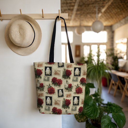  Halloween Ghost & Red Rose postzegel Tote Bag