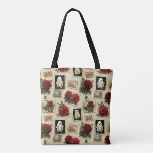Halloween Ghost & Red Rose postzegel Tote Bag (Achterkant)