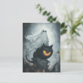 Halloween Ghost Rijden op een zwarte kat Briefkaart (Staand voorkant)