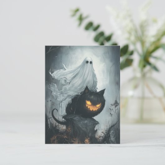 Halloween Ghost Rijden op een zwarte kat Briefkaart (Staand voorkant)
