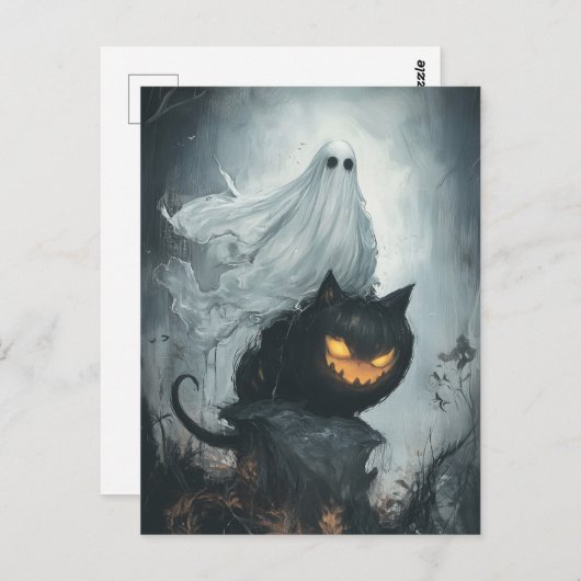 Halloween Ghost Rijden op een zwarte kat Briefkaart (Voorkant / Achterkant)
