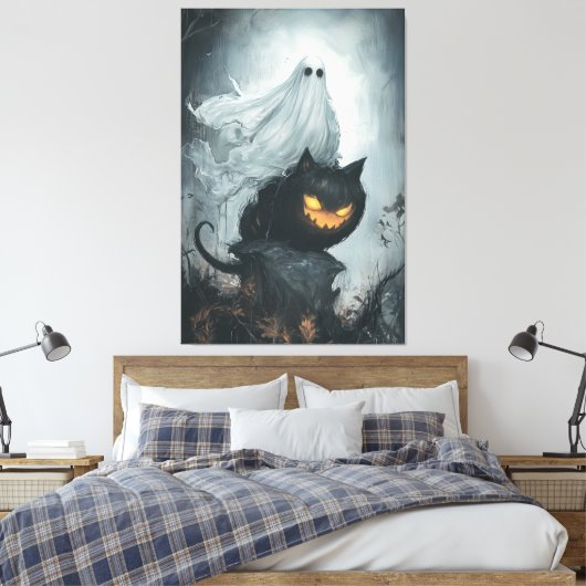 Halloween Ghost Rijden op een zwarte kat Canvas Afdruk (Insitu (Slaapkamer))