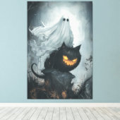 Halloween Ghost Rijden op een zwarte kat Canvas Afdruk (Insitu (Houten vloer))