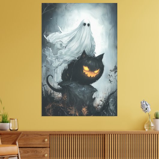 Halloween Ghost Rijden op een zwarte kat Canvas Afdruk (Insitu (Woonkamer))