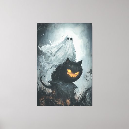 Halloween Ghost Rijden op een zwarte kat Canvas Afdruk (Voorkant)