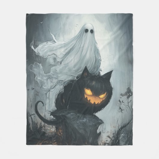 Halloween Ghost Rijden op een zwarte kat Fleece Deken (Voorkant)