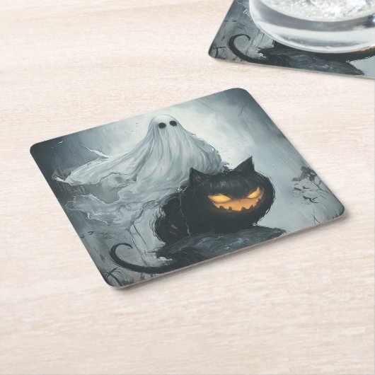 Halloween Ghost Rijden op een zwarte kat Kartonnen Onderzetters (Schuin)