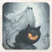 Halloween Ghost Rijden op een zwarte kat Kartonnen Onderzetters (Voorkant)