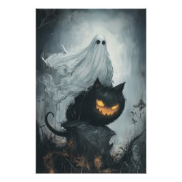 Halloween Ghost Rijden op een zwarte kat Perfect Poster