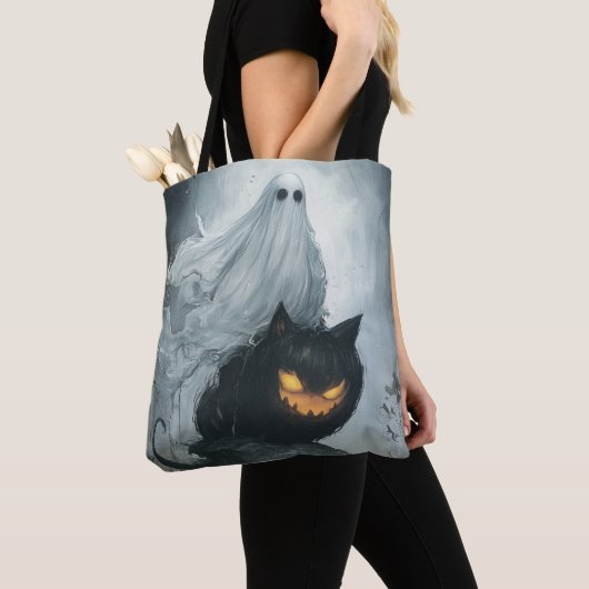 Halloween Ghost Rijden op een zwarte kat Tote Bag (Dichtbij)