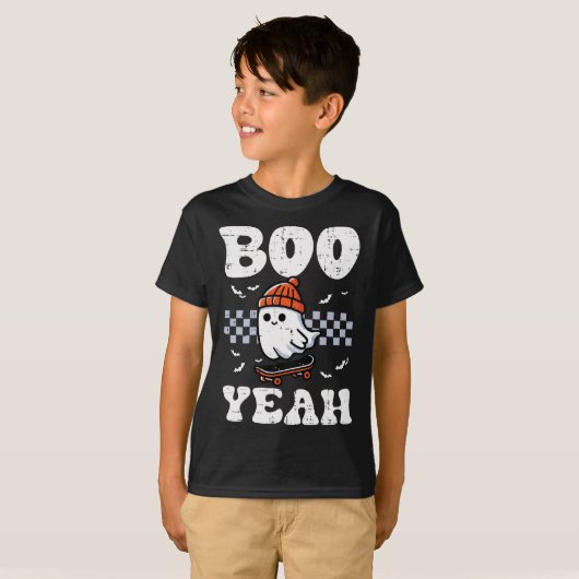 Halloween Ghost Skateboard Boo Yeah Kostuum Jongen T-shirt (Voorkant volledig)