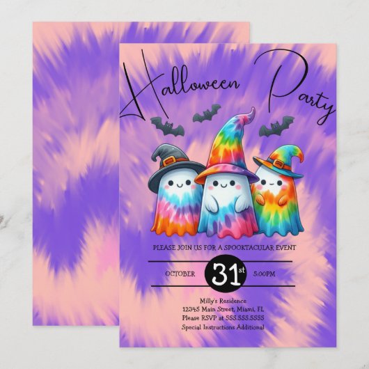 Halloween Ghost Trio Party Tie Dye Hand getrokken Kaart (Voorkant / Achterkant)