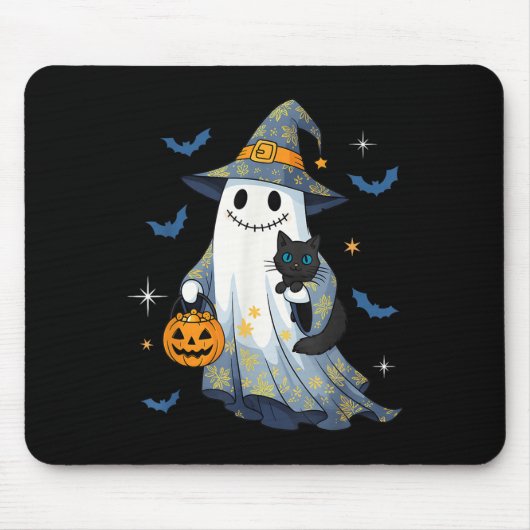 Halloween Ghost Witch Holding Black Cat Funny Hall Muismat (Voorkant)