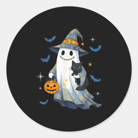 Halloween Ghost Witch Holding Black Cat Funny Hall Ronde Sticker (Voorkant)