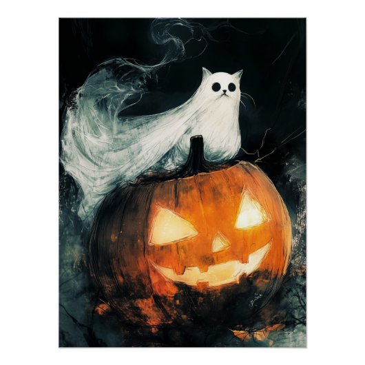 Halloween GhostCat en Jack op Lantern Perfect Poster (Voorkant)