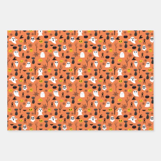 Halloween Ghosts Black Cats Spider Webs Fun Inpakpapier Vel (Voorkant 2)
